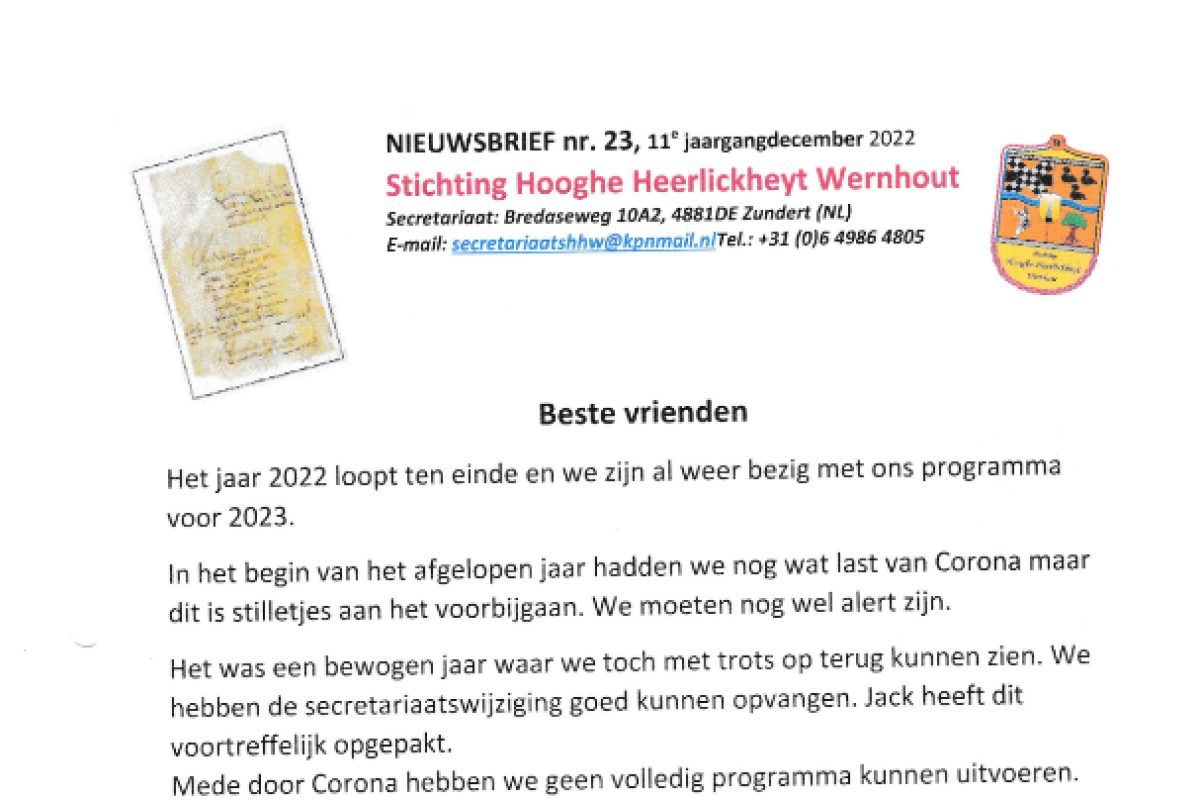 Voorblad van een nieuwsbrief van de stichting